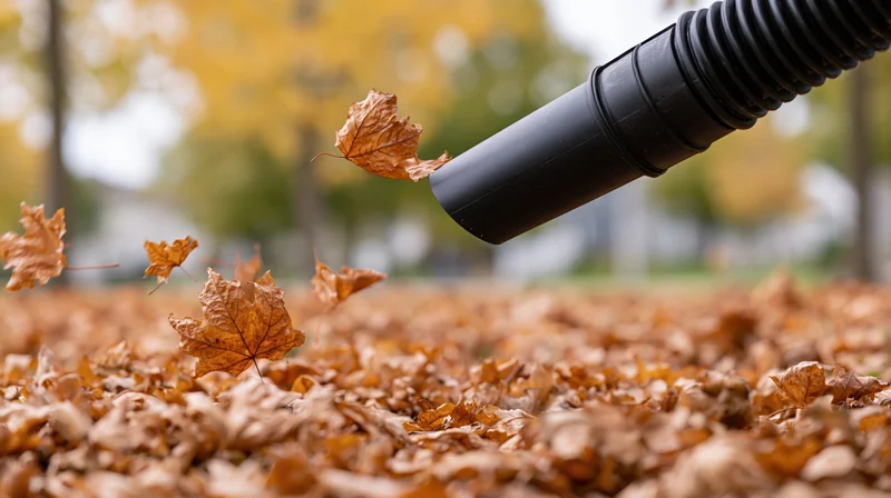 Leaf blower nozzle blowing fallen autumn leaves across a yard covered in foliage