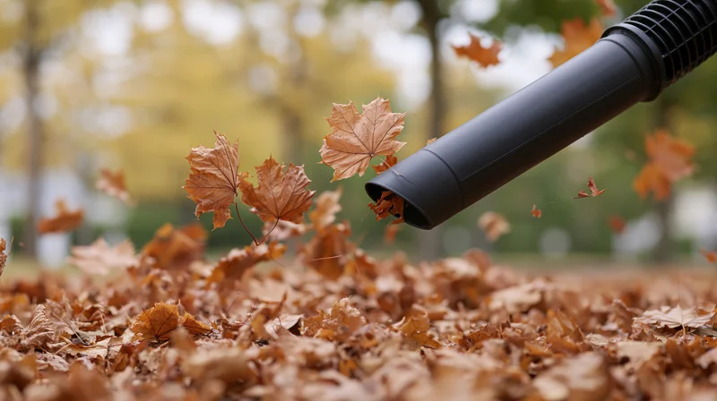 Leaf blower nozzle blowing fallen maple leaves across a carpeted yard in autumn