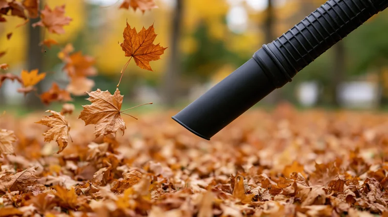 Black leaf blower nozzle blowing fallen autumn leaves across a yard covered in foliage