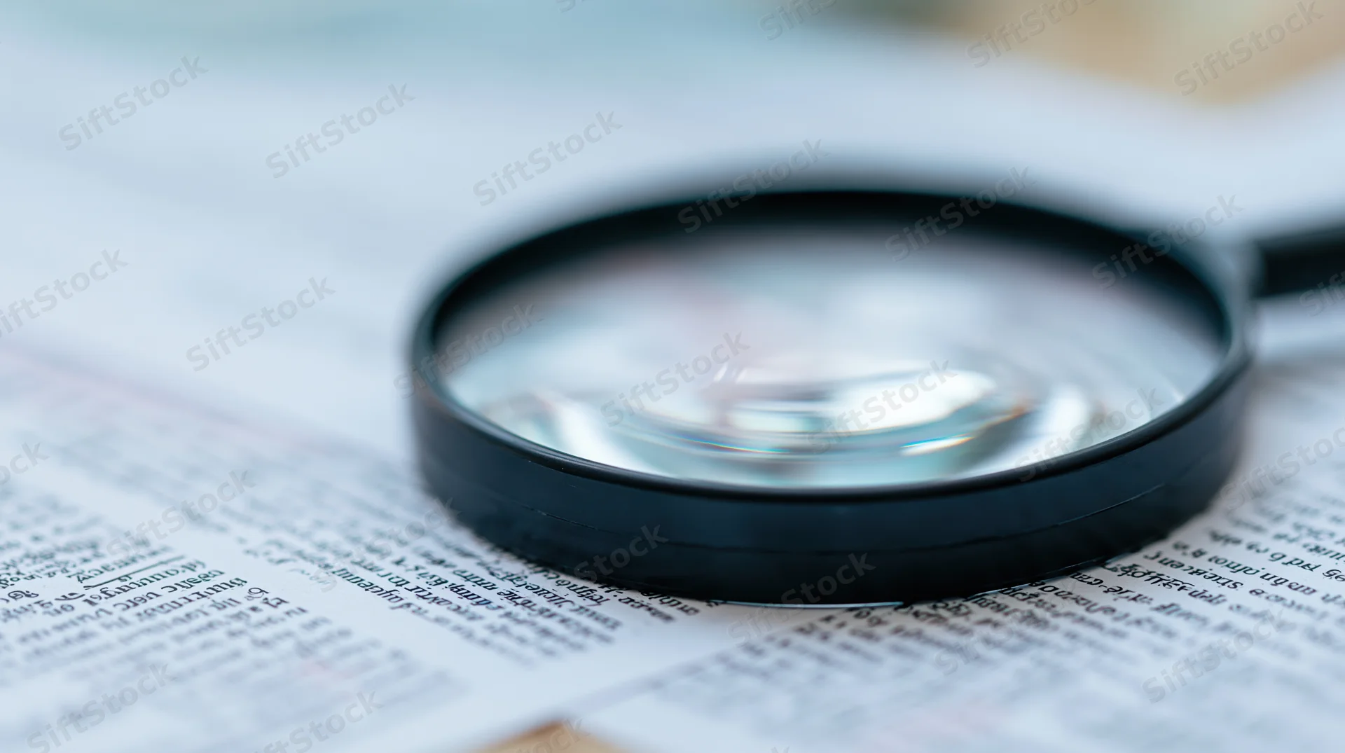 Black magnifying glass resting on printed text documents on a desk