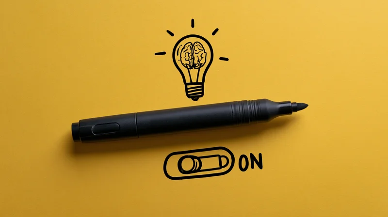 Black marker pen on yellow surface with hand-drawn lightbulb and toggle switch labeled on