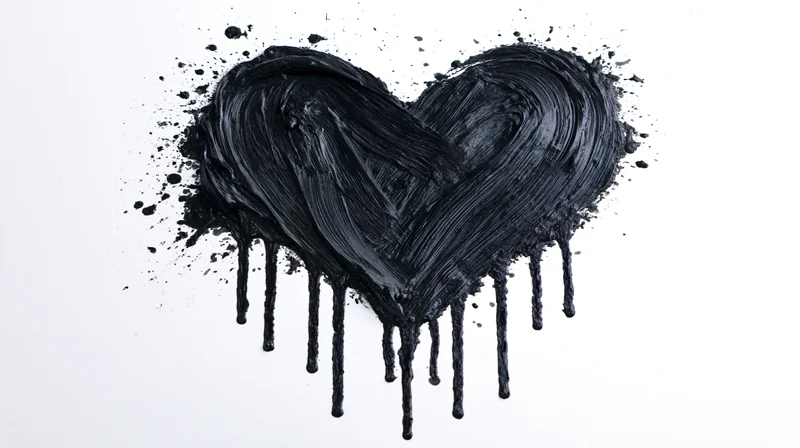 Black painted heart with dripping texture on white background