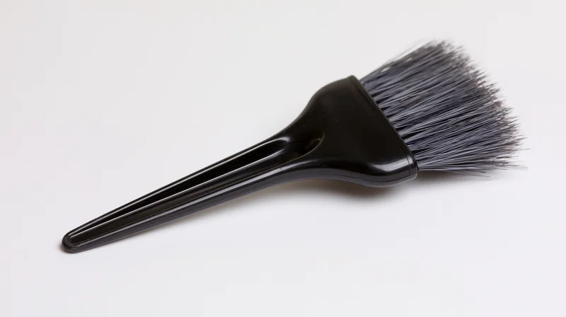 Black plastic hair dye applicator brush with dense grey bristles on white background