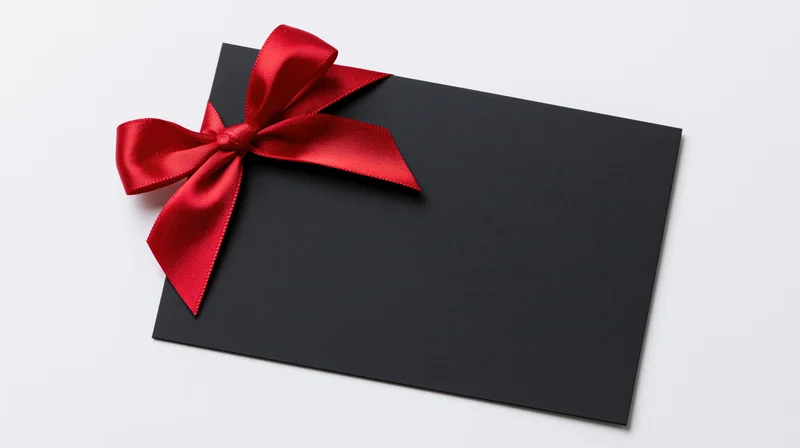 Black gift card with red satin ribbon bow on white background