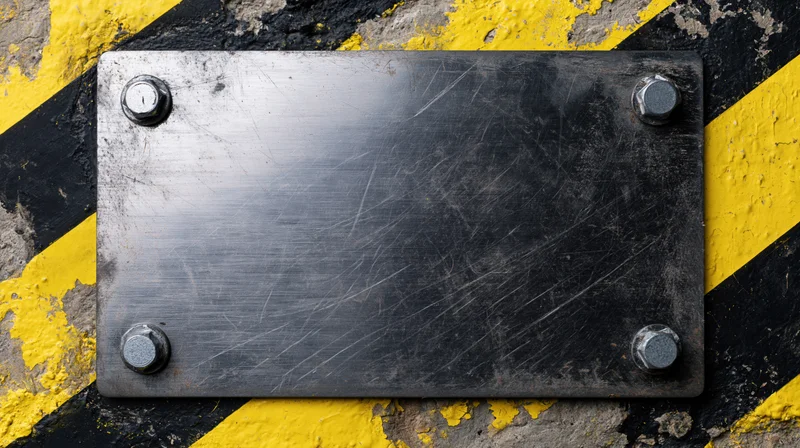 Brushed steel nameplate bolted with four hex screws on yellow and black striped hazard surface