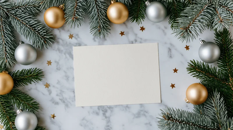 Blank cream card centered on marble surface framed by evergreen branches and metallic ornaments