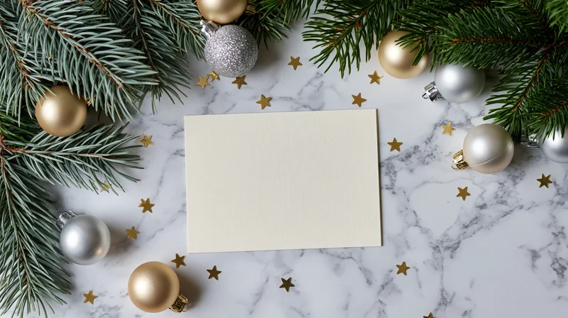 Blank cream card centered on marble surface surrounded by pine branches and ornaments