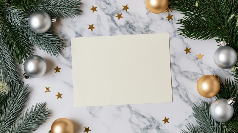 Blank cream card centered on marble surface surrounded by pine branches, gold and silver ornaments, and star decorations for christmas holiday display
