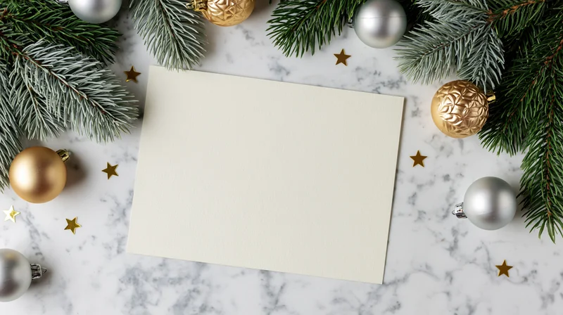 Blank cream card centered on marble surface surrounded by pine branches and ornaments