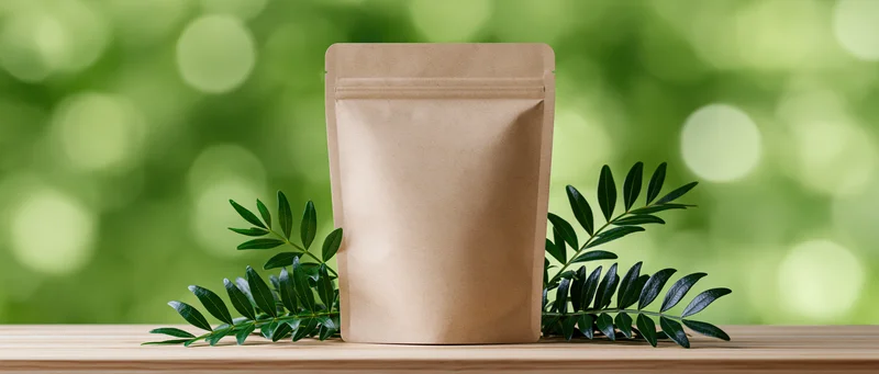 Blank kraft paper stand-up pouch on wooden table with green leaves against blurred foliage background