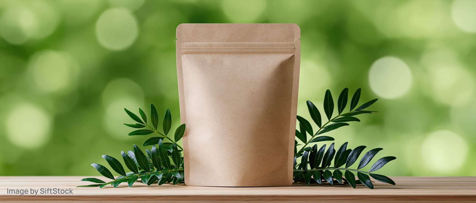 Blank kraft paper stand-up pouch on wooden table with green leaves against blurred foliage background