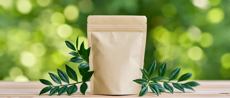 Blank kraft paper stand-up pouch on wooden surface with green leaves against blurred foliage background