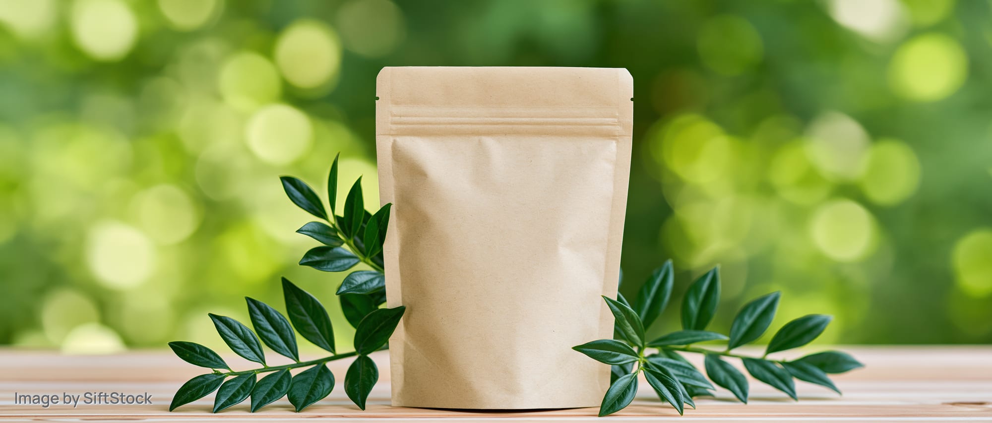 Blank kraft paper stand-up pouch on wooden surface with green leaves against blurred foliage background