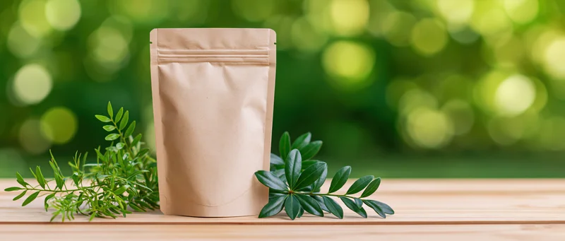 Blank kraft paper stand-up pouch on wooden table with green leaves and blurred natural background