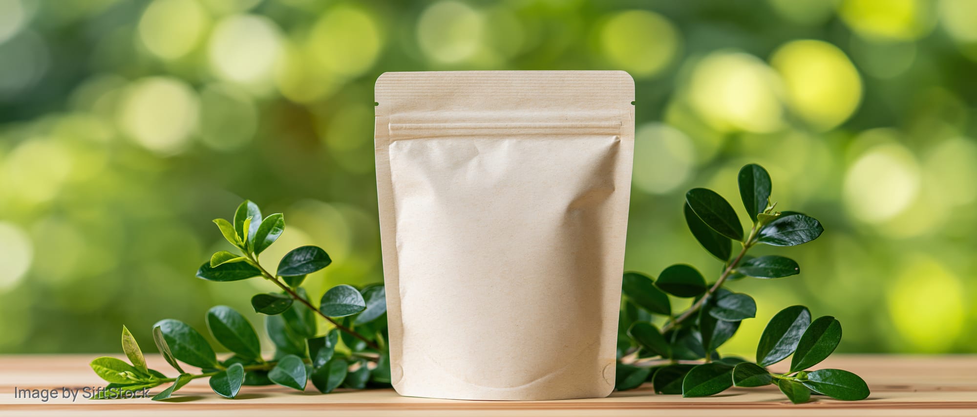 Blank kraft paper stand-up pouch on wooden surface with green foliage around