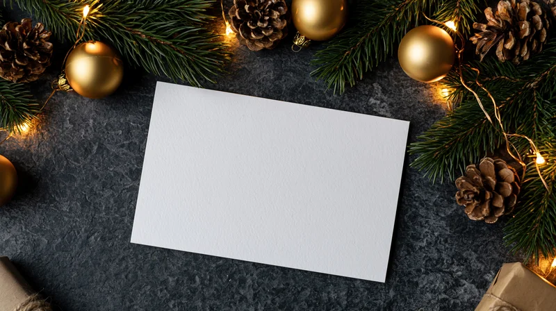 Blank white card on dark stone surface surrounded by pine branches, pinecones, gold ornaments and string lights for christmas decoration