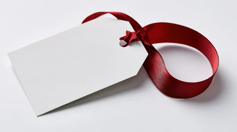 Blank white gift tag tied with red satin ribbon on white surface
