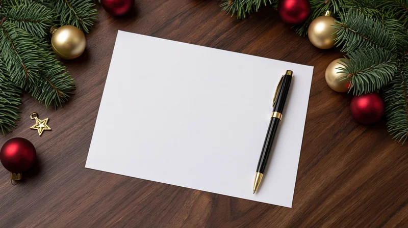 Blank paper with pen on wooden desk surrounded by christmas decorations