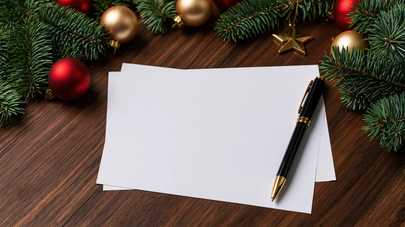 Blank paper and pen on wooden desk surrounded by christmas ornaments and pine branches