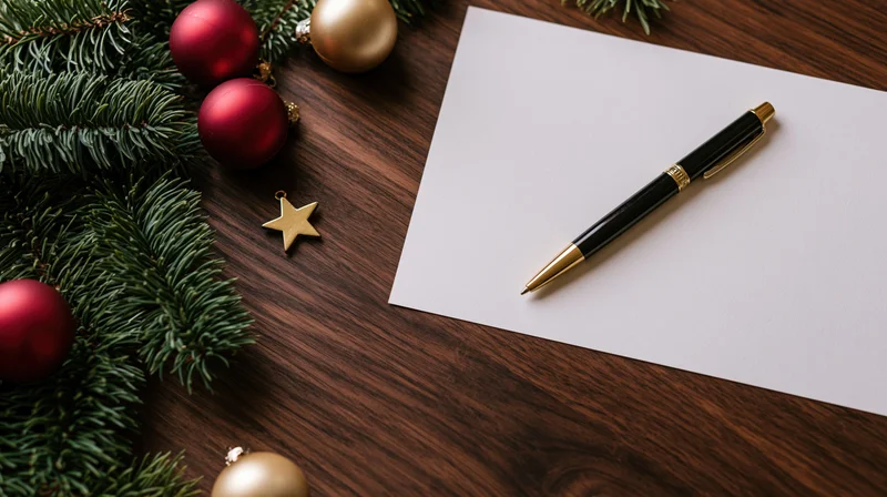 Blank white paper with a black and gold pen on a wooden desk beside christmas ornaments and pine branches