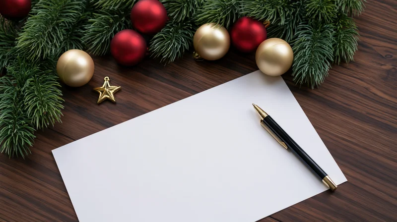 Blank paper with a pen on a wooden desk surrounded by christmas decorations