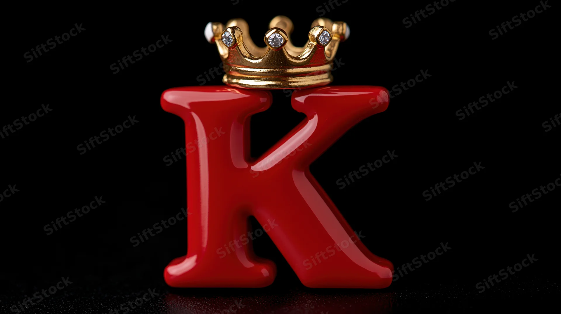 Bold red glossy letter k with gold crown on black background