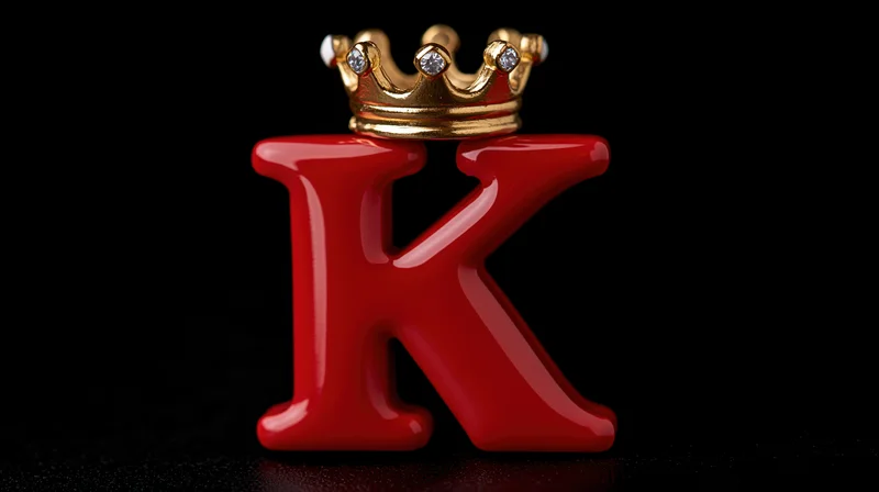 Bold red glossy letter k with gold crown on black background