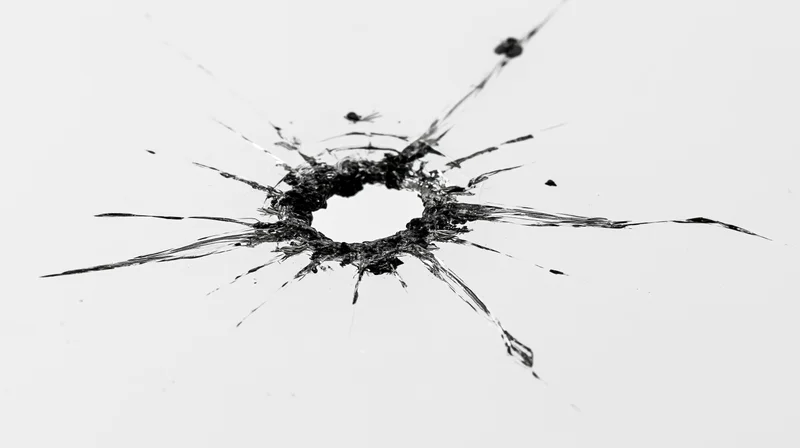 Bullet hole in shattered glass pane isolated on white background