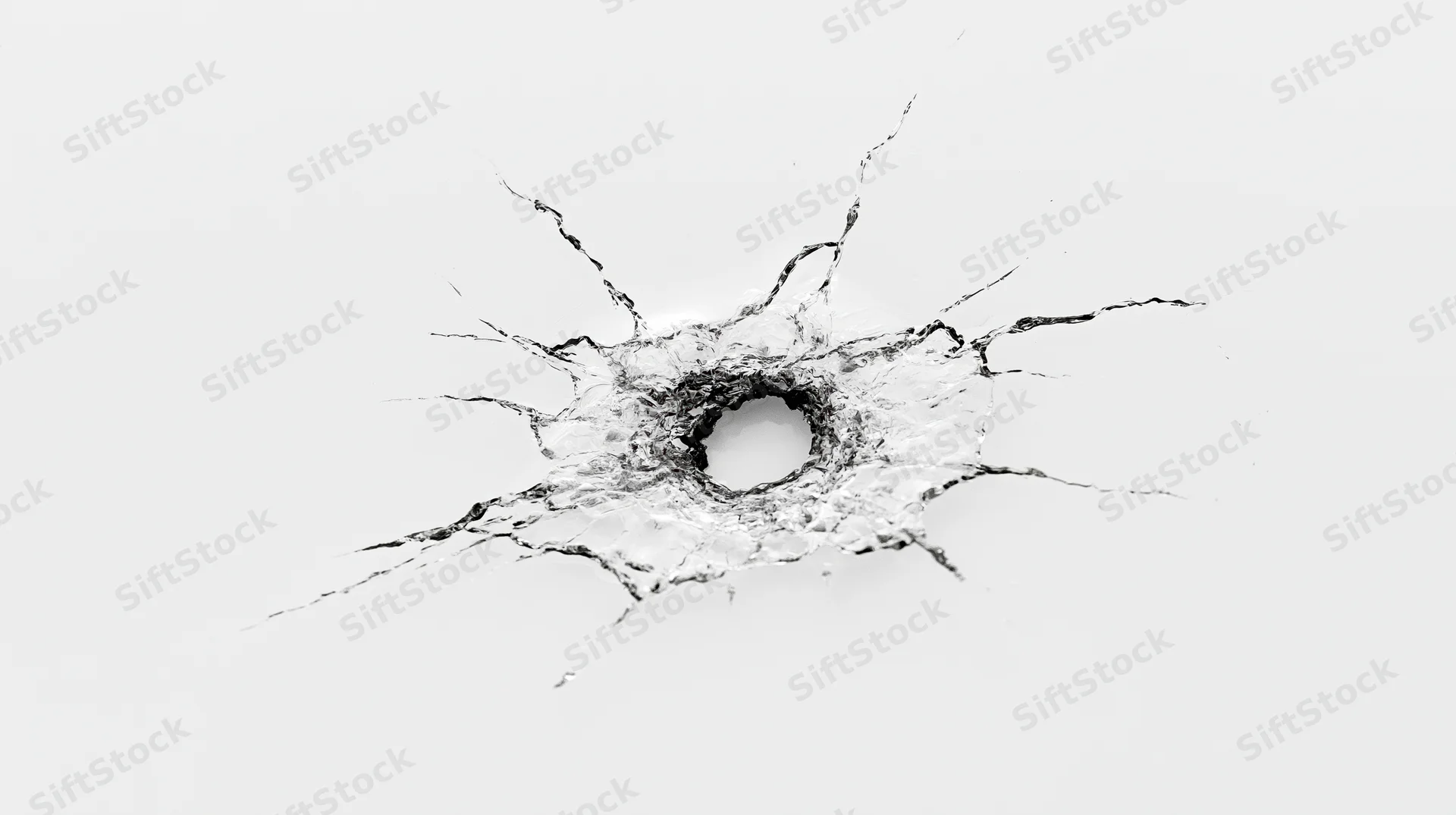 Bullet hole in a shattered glass pane isolated on white background