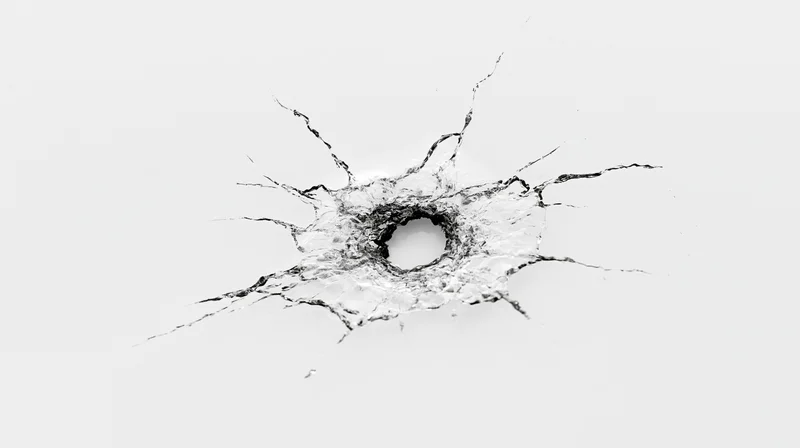 Bullet hole in a shattered glass pane isolated on white background