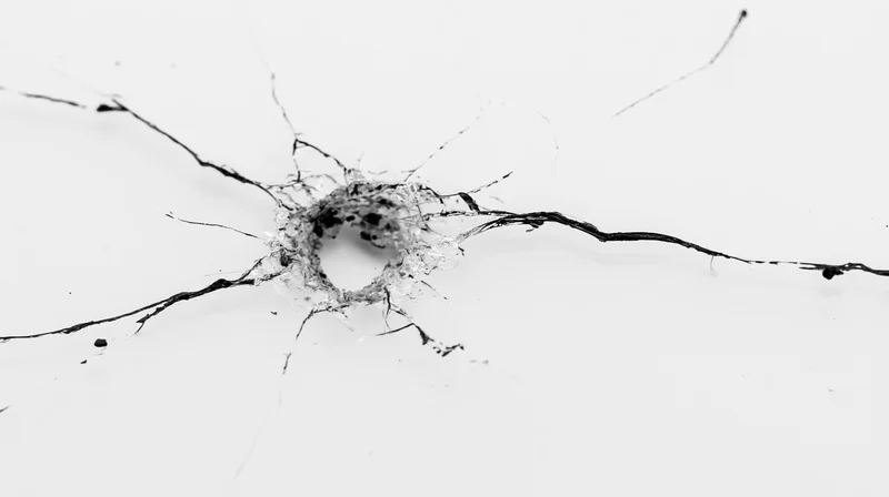 Bullet hole in a shattered glass pane isolated on white background