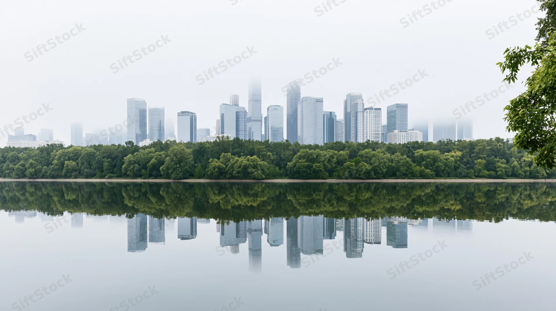 City skyline of glass skyscrapers reflected in calm water behind a dense band of trees