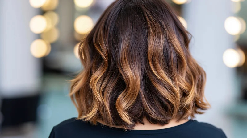 Back view of a woman with shoulder-length ombre hair styled in soft waves in a salon setting