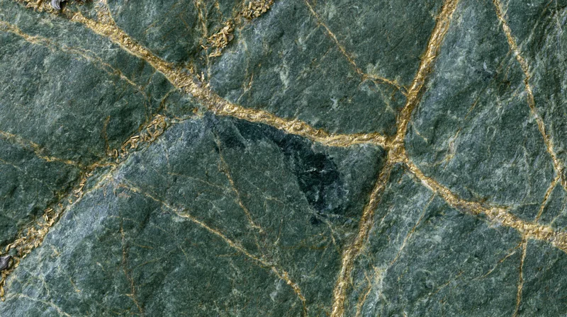 Close-up of polished dark green marble slab with gold veining