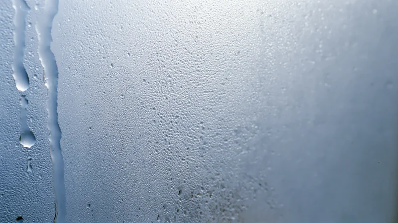 Close-up of fogged glass window covered in condensation droplets and steam