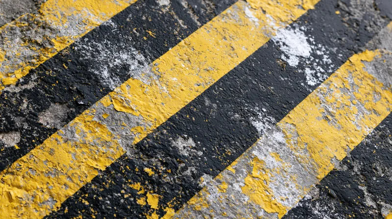 Close-up of weathered asphalt pavement with diagonal yellow and black traffic stripes