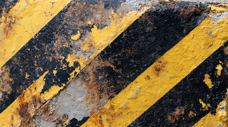 Weathered concrete wall with peeling yellow and black diagonal stripes showing rust and decay