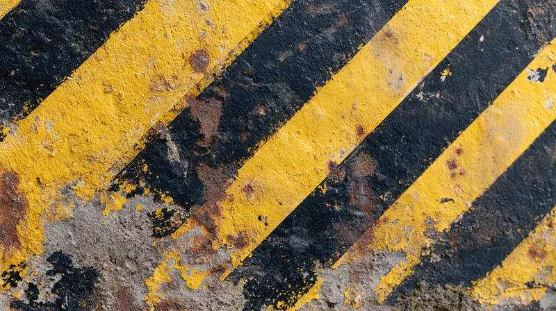 Close-up of weathered concrete wall with peeling yellow and black diagonal stripes