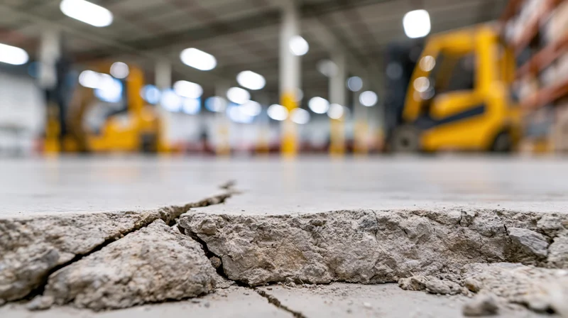 Close-up of deep intersecting cracks in a warehouse concrete floor with forklifts and shelves in the background