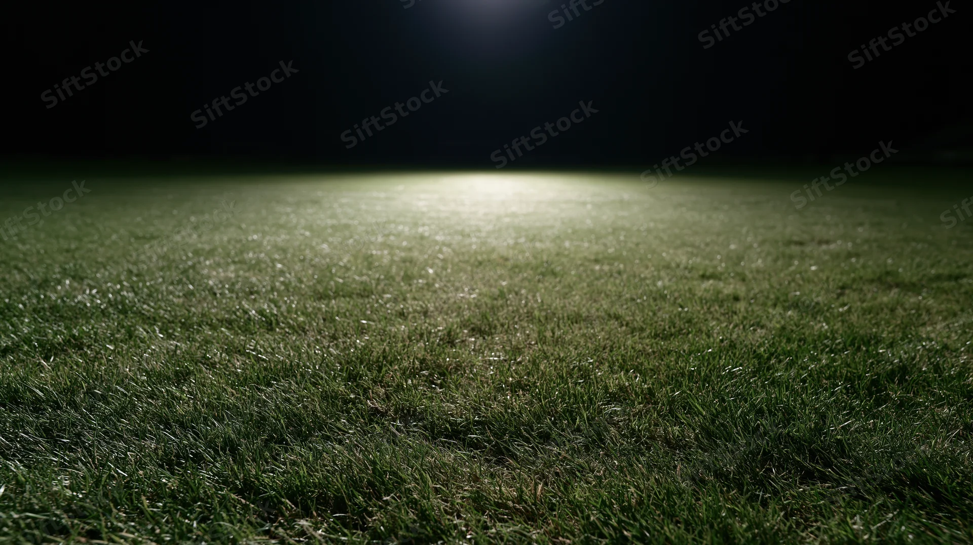 Close-up ground-level view of illuminated grass football pitch at night
