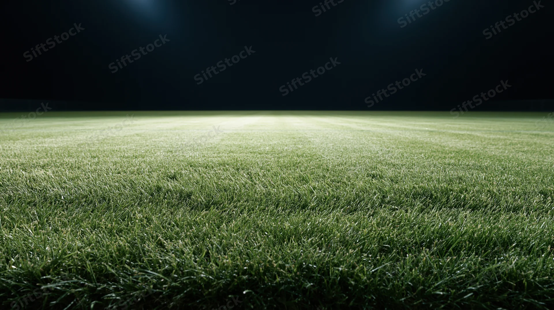 Close-up ground-level view of a manicured grass football pitch under stadium lights at night
