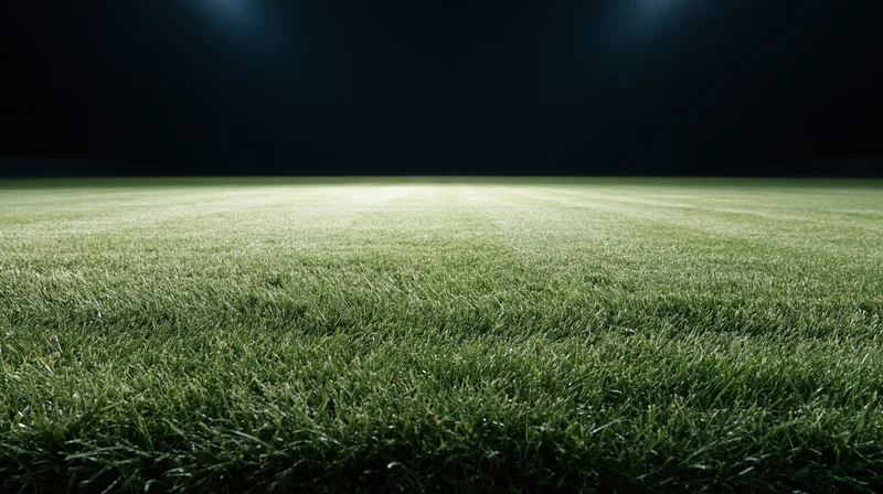 Close-up ground-level view of a manicured grass football pitch under stadium lights at night