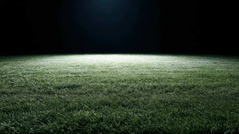 Illuminated grass football pitch at night viewed from ground level