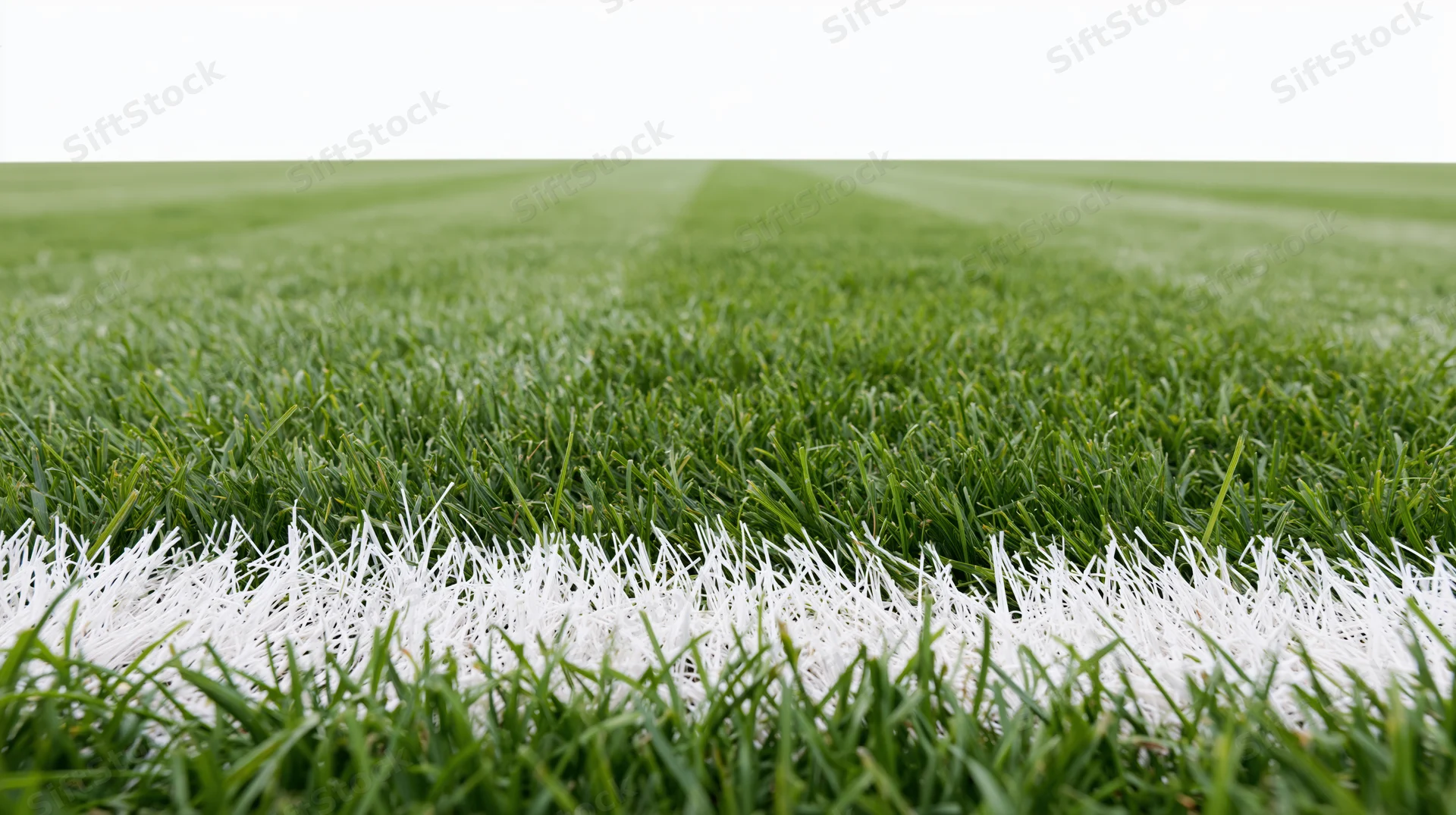 Close-up ground-level view of a professional football pitch with white boundary line and mowed green grass extending into the distance