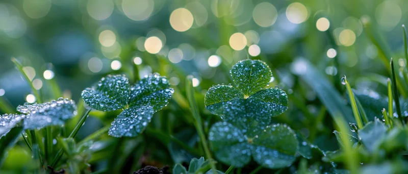 Dew-covered clover leaves among green grass in a garden at morning light