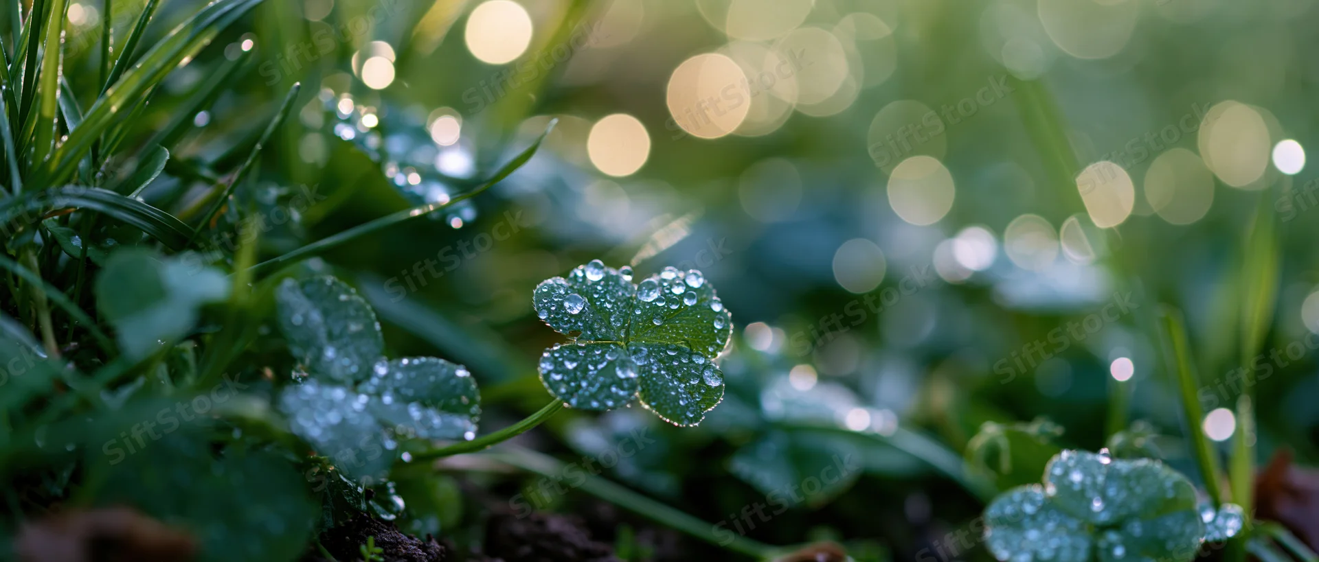 Dew-covered clover leaf among green grass in a garden meadow at dawn