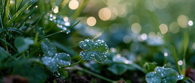 Dew-covered clover leaf among green grass in a garden meadow at dawn