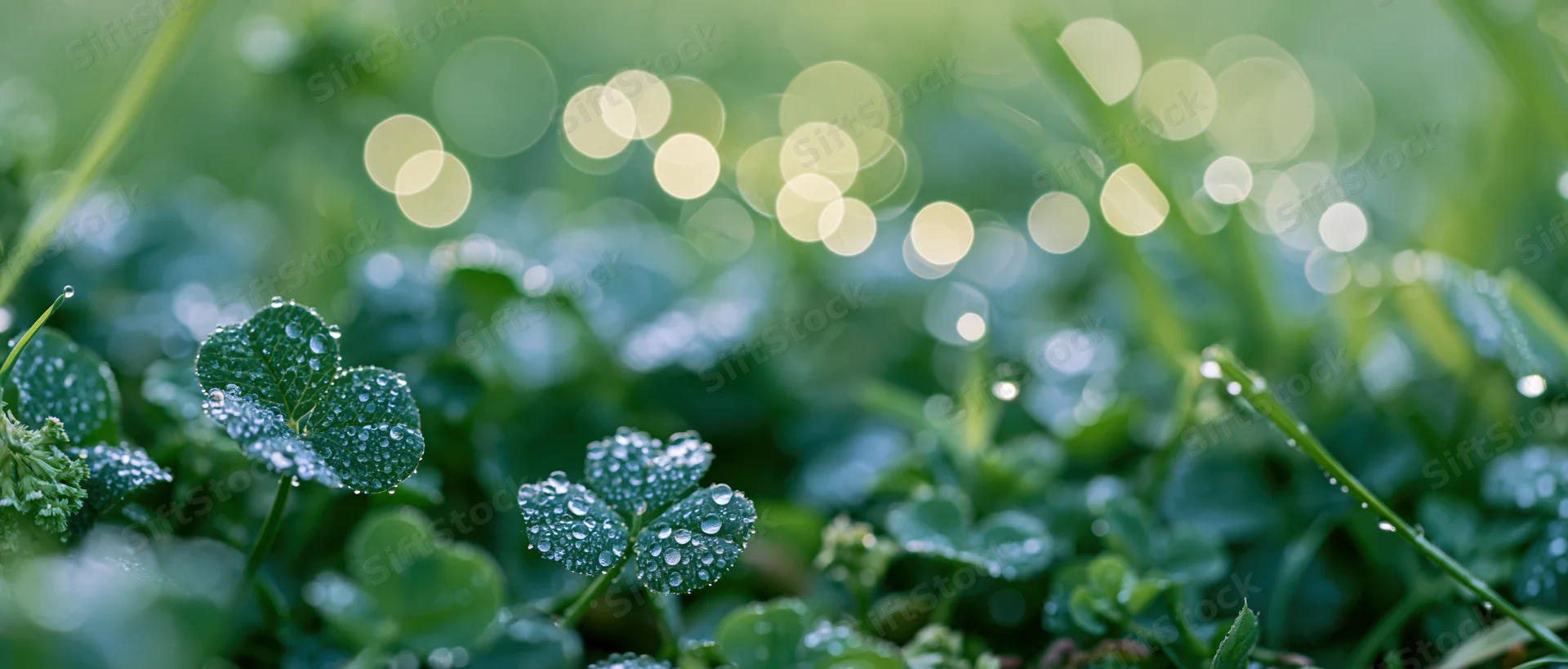 Dew-covered clover leaves among green grass at ground level with soft bokeh light in background