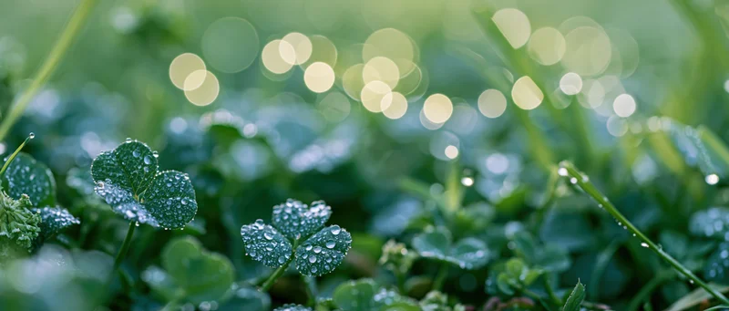 Dew-covered clover leaves among green grass at ground level with soft bokeh light in background