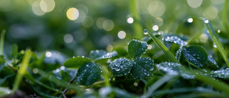 Dew-covered clover and grass in a close-up ground-level view with bokeh background